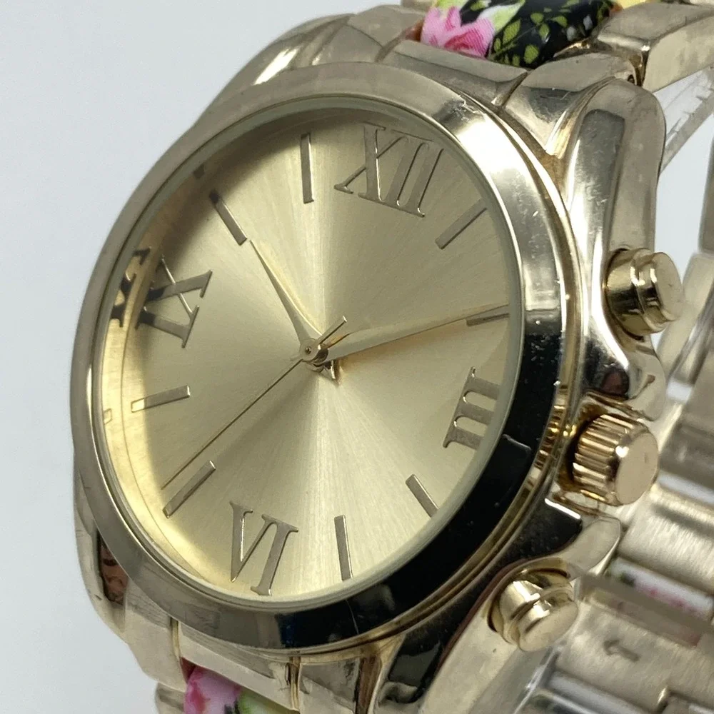 Icing Women's Watch Floral Band Black Pink 37mm Gold Tone New Battery 7.5